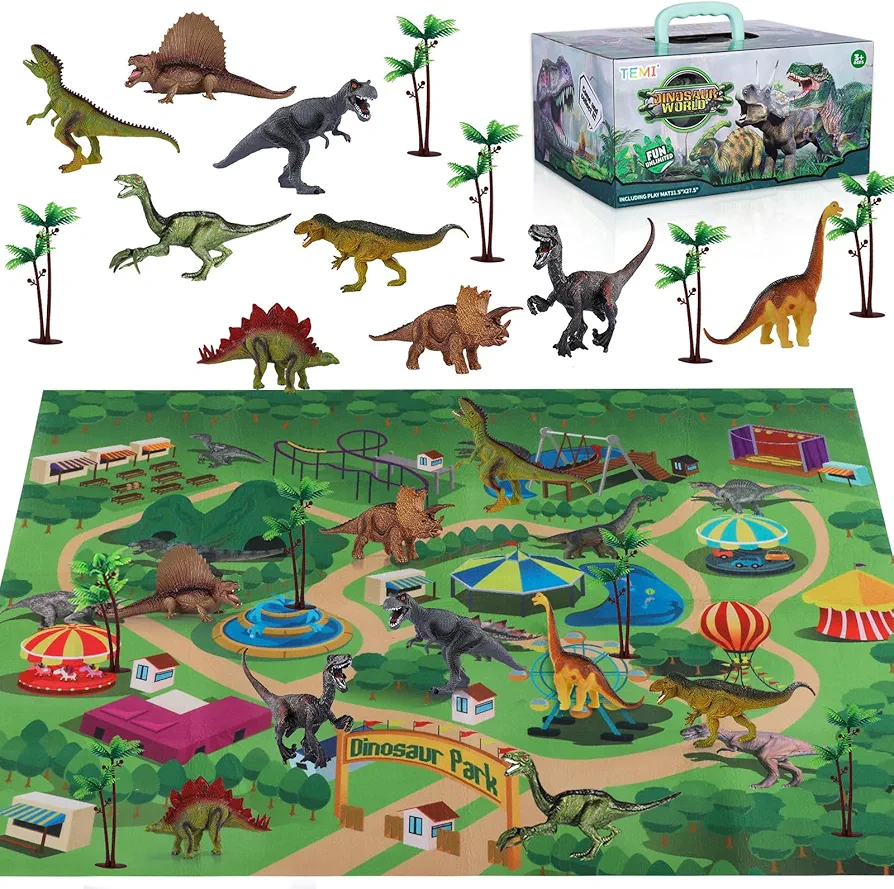 TEMI Dinosaur Toys for Kids 3-5, Realistic Jurassic Dinosaurs Figures with Play Mat & Trees to Create a Dino World includes T-rex, Triceratops, Velociraptor, Gift for Toddler Boys & Girls 3 4 5 6 7