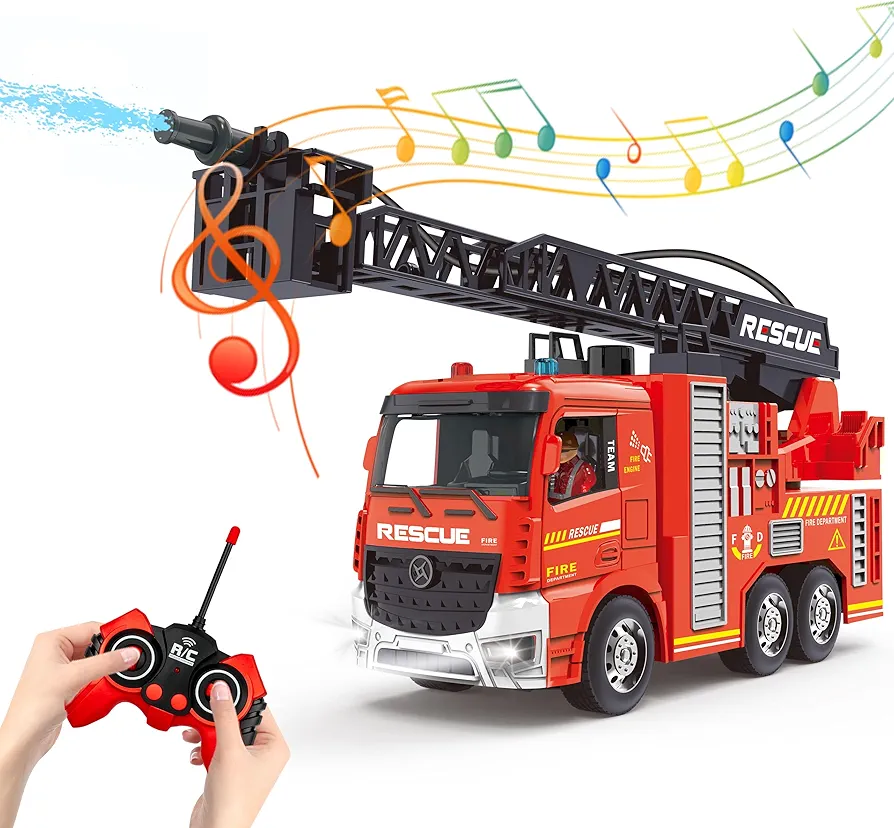 Fire Truck Toy for Toddlers Kids Boys Ages 3-8 Years Old,Remote Control Fire Truck with Lights,Siren Sound,Working Water Spray and Rotating Rescue Ladder,Firetruck Engine Gifts for Little Fireman 8-12