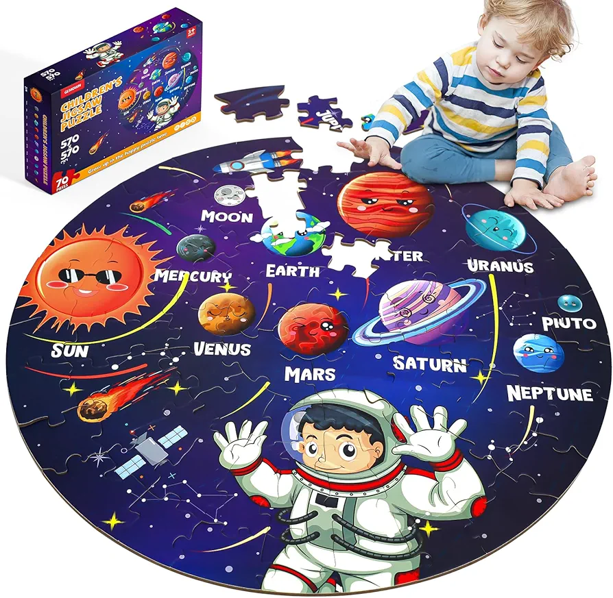 Floor Puzzles for Kids Ages 3-10 - Large 70 Piece Round Toddler Jigsaw Puzzles Toys - Preschool Learning Educational Gift (Solar System)