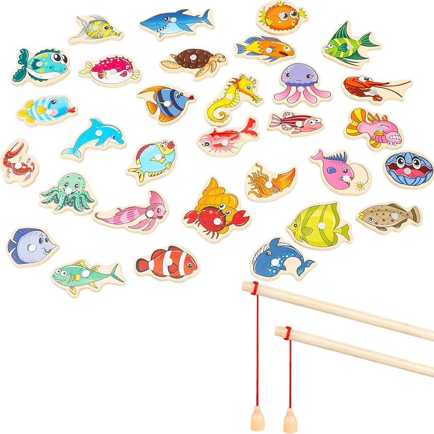 ONEST 34 Pieces Magnetic Fishing Game for Kids Wooden Magnet Fishing Game Wooden Magnetic Fishing Toys for Kindergarten Preschool Girl Boy