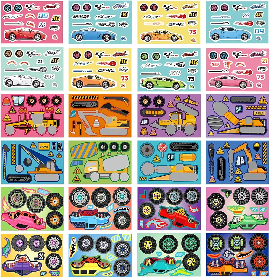 24 Sheets Racing Car Stickers for Kids Make Your Own Stickers Car Themed Birthday Party Decor Car Racing Gifts Party Favor Supply Reward Educational Toy Art Craft 6.3''×4.3''