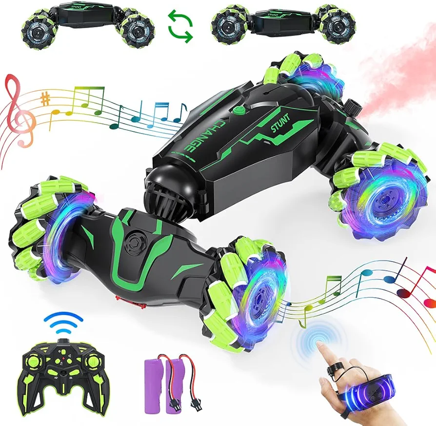 SALATI Gesture Sensing RC Stunt Car Toys for 6-12 Boys Girls, 4WD Remote Control Car with Light & Music & Spray, 2.4Ghz Hand Controlled RC Car for Boys & Girls Birthday, Green