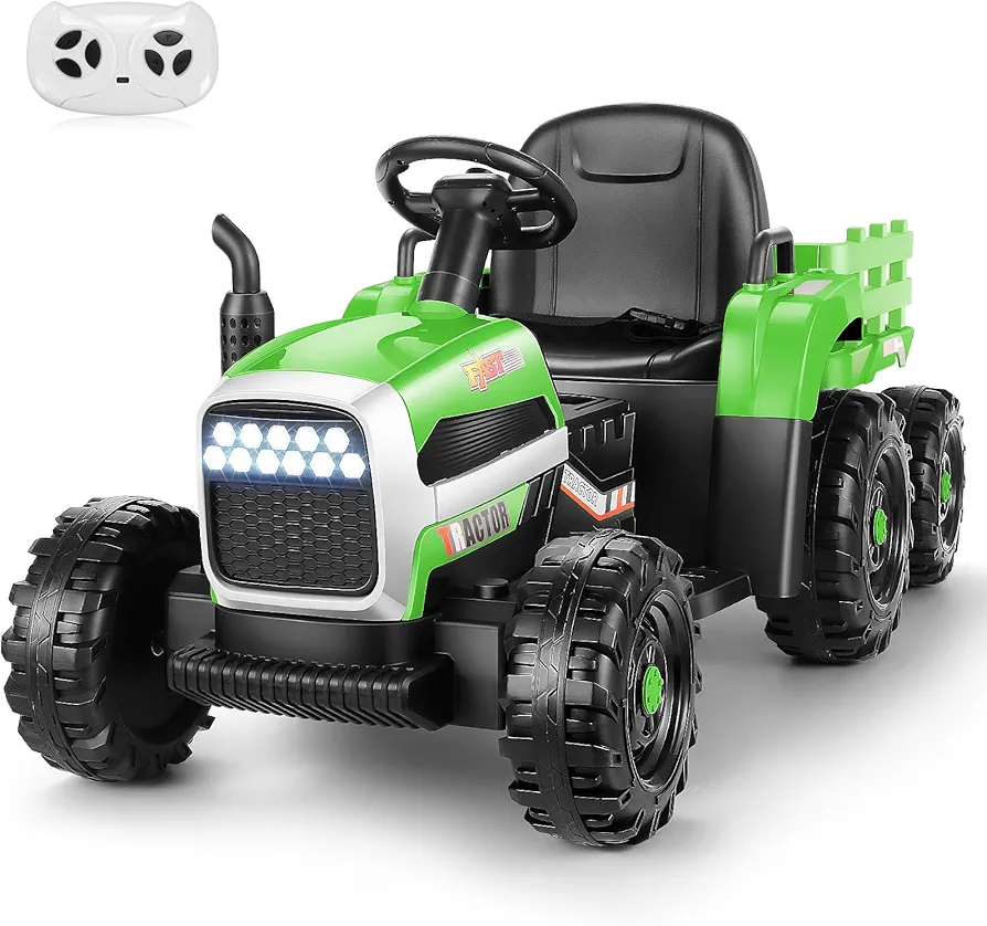 Hikole Kids Ride on Tractor, 12V Electric Tractors with Trailer, Remote Control, 11-LED Headlights, 3-Gear-Shift, 30W Dual Motors, Music Player - Gift for Boys Girls Ages 3-6, Green