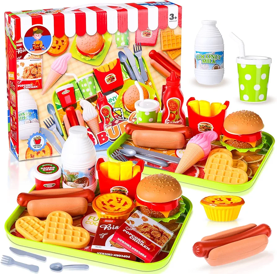 Pretend Play Food Toy Set for Kitchen, Fake Food Plastic Burgers Sandwich Toys Pretend Food Playset Preschool Kitchen Sets Play Food Plastic Food Toys for Restaurant Play Girls Boys