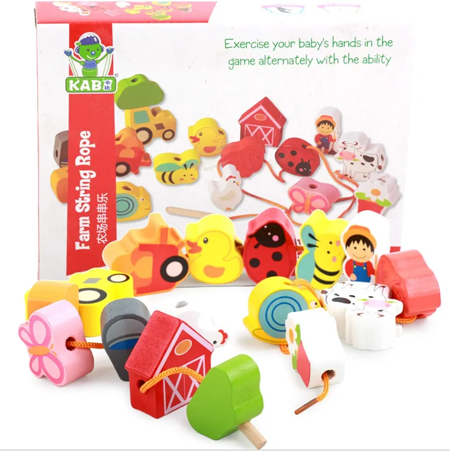 Lacing Farm Toy Wooden Block Set, Early Educational Toys String & Lacing Beads Games for Toddlers Kids Farm Animal Learning Play Set (16 Pieces)