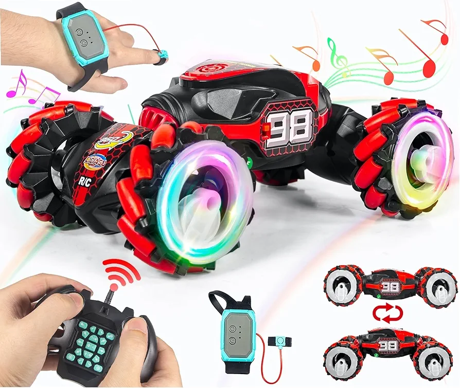 Boxgear 1:12 Gesture Sensing RC Stunt Car Off-Road, Four-Wheel Drive, Sports Mode, 40 Min Standby Suitable for Any Terrain, 2.4G Gesture Controlled Double-Sided Remote-Control Car Toy for Kids (Red)