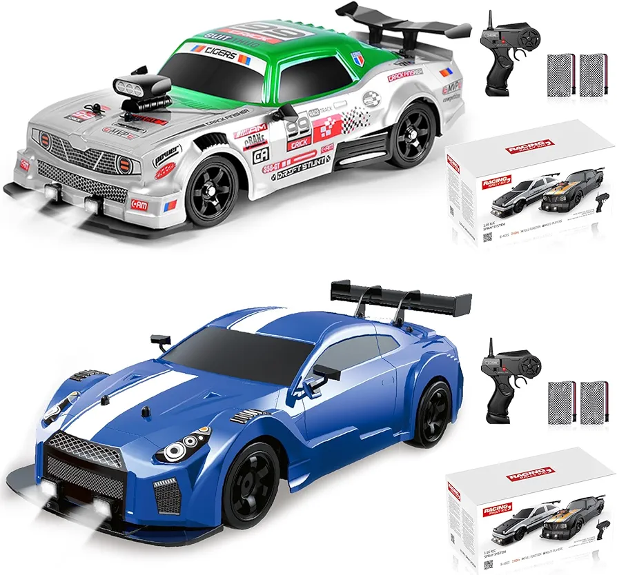 2PCS Remote Control Car RC Drift Car 1:16 Scale 4WD 18KM/H High Speed Model Vehicle 2.4GHz with LED Lights Spray Rubber Tire Racing Sport Toy Car for Adults Boys Girls Kids Gift 2Pcs Rechargeable Batt