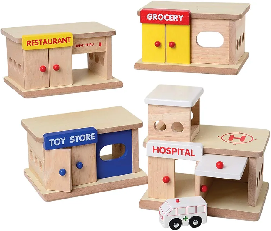 Consecutive Playthings Hospital, Restaurant and Toy & Grocery Stores Wooden Play Buildings and Wooden Ambulance for Ages 3 Years and Up