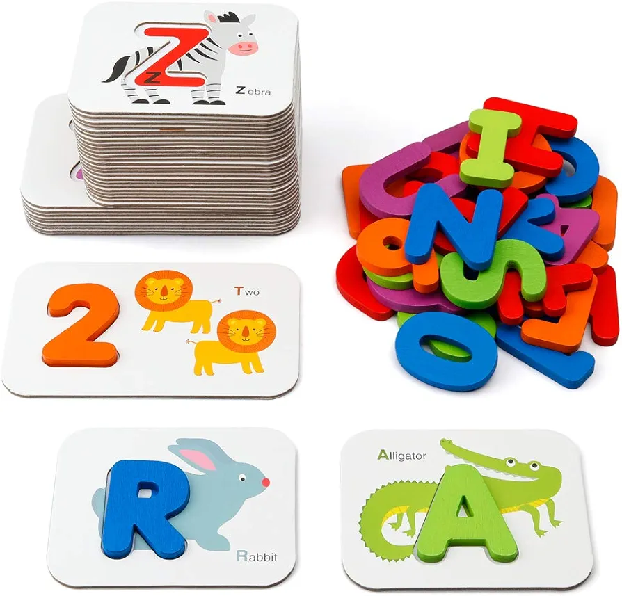 Coogam Numbers and Alphabets Flash Cards Set - ABC Wooden Letters and Numbers Animal Pattern Board Matching Puzzle Game Montessori Educational Learning Toys Gift for Preschool Kids Age 3 4 5 Years