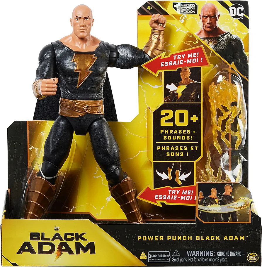 DC Comics, Power Punch Black Adam 12-inch Action Figure, 20+ Phrases and Sounds, Lights Up with 2 Accessories, Black Adam Movie Collectible Kids Toys for Boys and Girls Ages 3 and Up