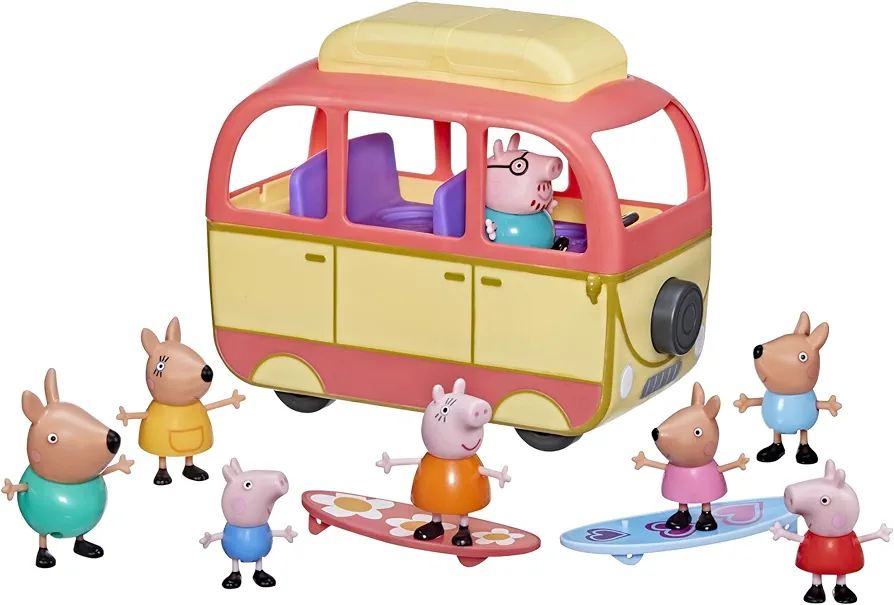 Peppa Pig Peppa Visits Australia Campervan Vehicle Preschool Toy with Rolling Wheels; Includes 8 Figures, 4 Accessories, for Ages 3 and Up (Amazon Exclusive)