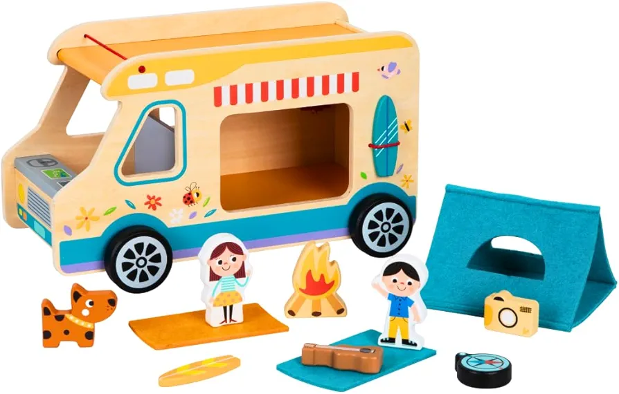 Wooden Camper Toy Set with Figures, 13pc Toy Camper, Toy Rv, Camper Toy, Rv Toy, Camping Toys for Toddlers 1-3, Camper Set, Toy Truck, Trailer Set, Toy Campers