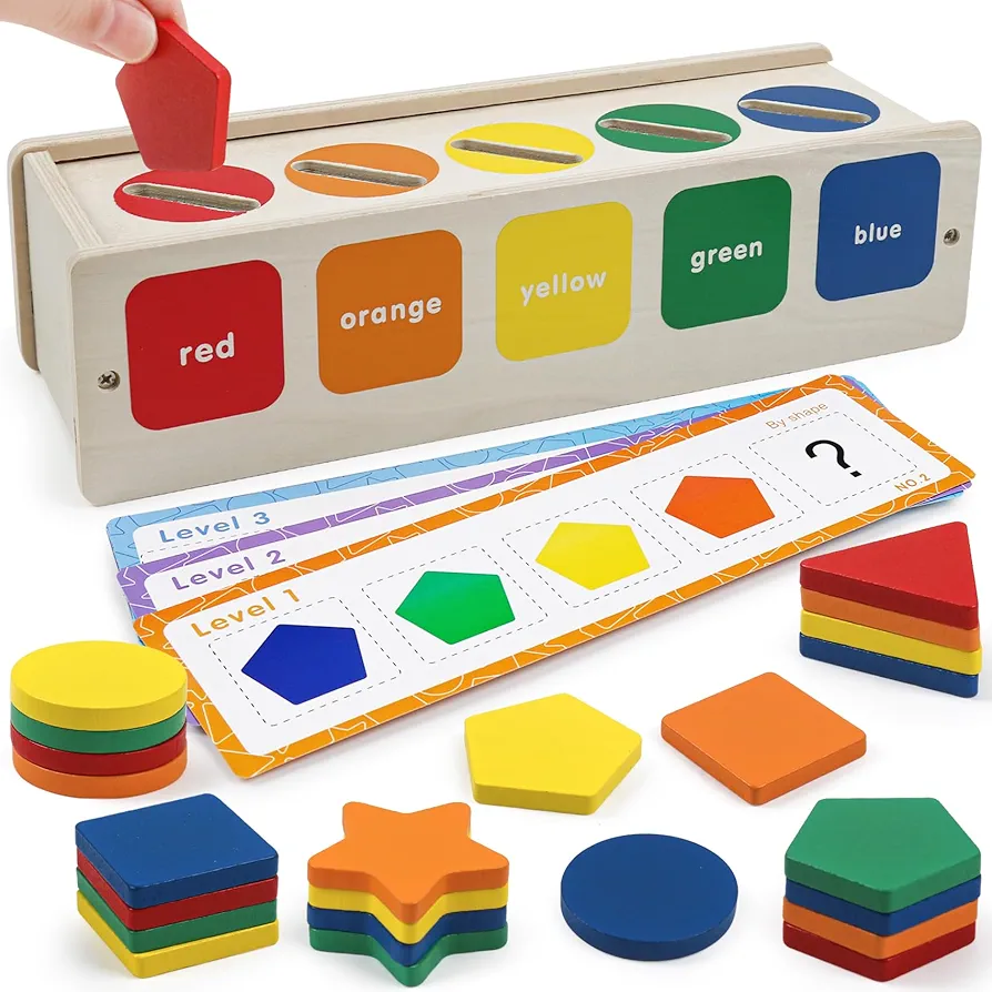 Wooden Sorting Box Montessori Color & Shape Sorter Class Activity Toddlers Fine Motor Game for Colors and Shapes Recognition, Gift for 2-5 Year Old Boys and Girls