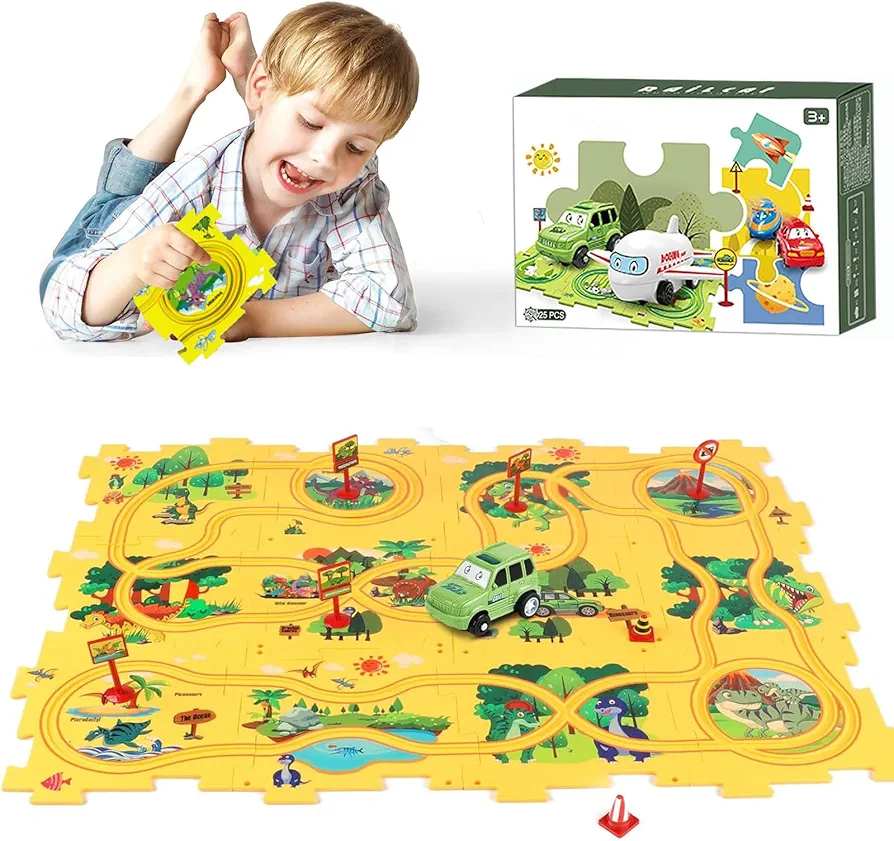 Puzzle Racer Kids Car Track Set, Puzzle Car Track Play Set, Rail Car Puzzle Track, Puzzle Tracks with Vehicles, Railcar Track Toys for Boys, Preschool Educational Car Games Gift Toys