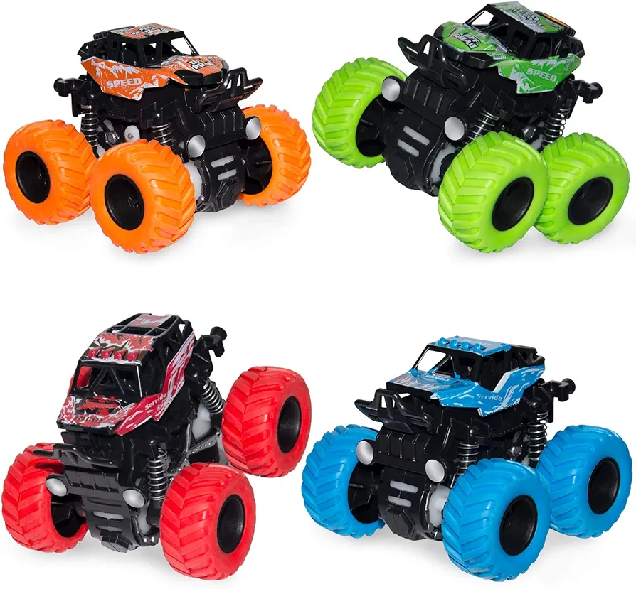 LONANDY 4 Pack Monster Truck Toys for Boys and Girls - Friction Powered Push and Go Toy Cars, Inertia Car Toy Set Stunt Toy Vehicles, Birthday Party Supplies for Toddlers Kids Ages 3+