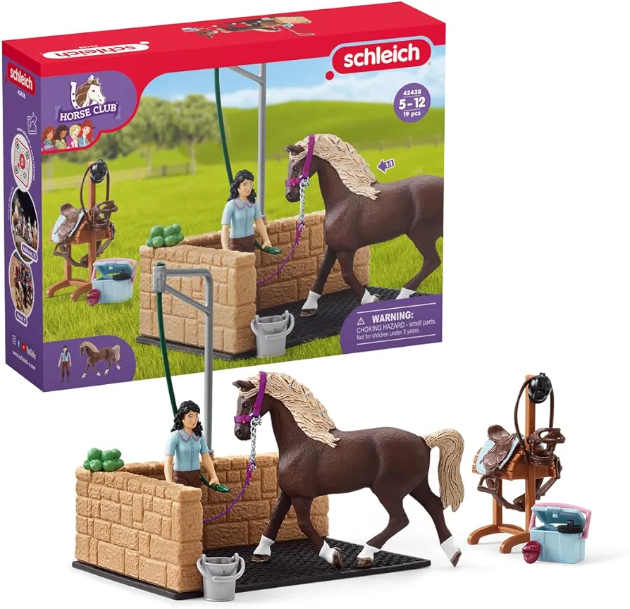 Schleich Horse Club — 19-Piece Equestrian Washing Area Horse Playset with Horse and Rider Figurines, Washing Stall with Moving Swivel Hose Arm, Horse Toys for Girls & Boys Ages 5+