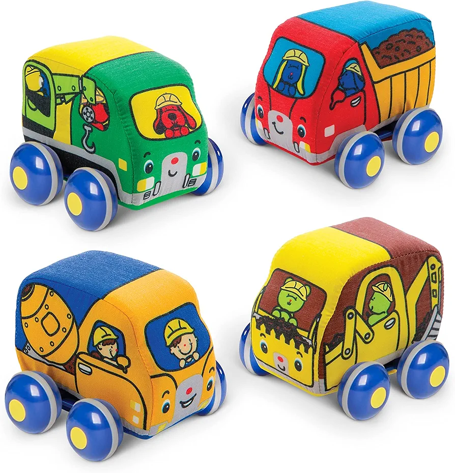 Melissa & Doug Pull-Back Construction Vehicles - Soft Baby Toy Play Set of 4 Vehicles - Cars For Infants, Construction Toys, Pull Back Cars For Babies Ages 9m+