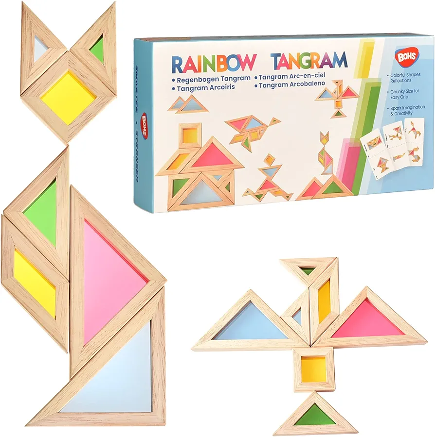 BOHS Translucent Tangram with Multilingual Activity Cards - 1 Inch Thickness - Preschool Gift - Kids Kindergarten Light Table Accessories/Window Puzzle Toys