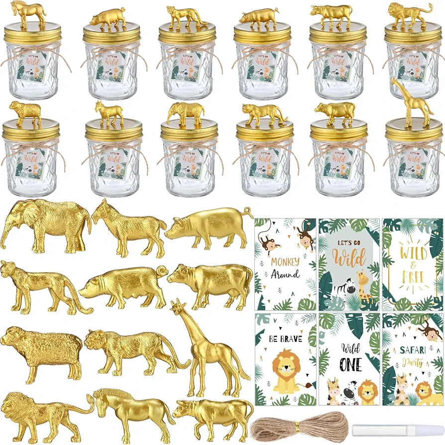 12 Set Jungle Safari Animals Figures Toys Bulk with Mason Jar and Wild Jungle Creature Theme Labels Realistic Mini Animal Gold Figurines for DIY Safari Baby Shower Birthday Decor Gift(6 oz)