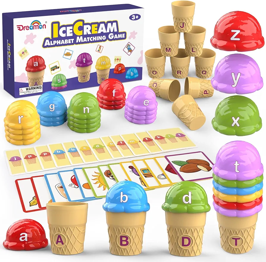 Alphabet Learning Ice Cream Toys and Color Sorting Game for Toddlers,ABC Letter Recognition with Flash Cards,Montessori Stacking Fine Motor Skills Toys,Preschool Educational Toy for Kids.