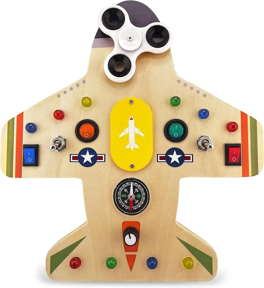 Toddler Montessori Busy Board - Wooden Educational Toy with Lights, Switches, Compass, Relay, Spinner - Sensory Board - Preschool Motor Skills Learning Activities - Christmas & Birthday Gift