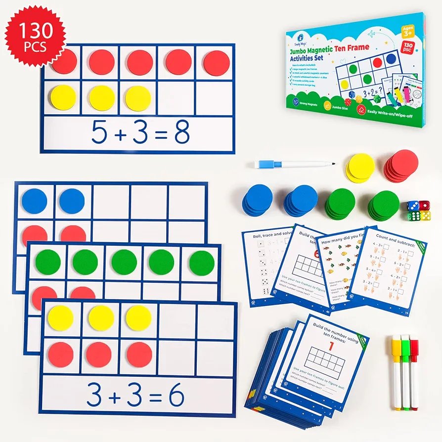 130 PCS Jumbo Magnetic Ten Frame Set, Ten Frames Class Set, Math Manipulatives for Kindergarten, PreK, Preschool, Math Counters, Games for Kids, Magnetic Counters, Teacher and Homeschool Supplies