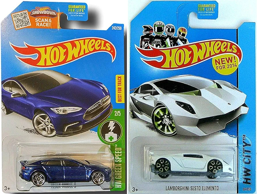 Hot Wheels Blue Tesla S & White Lambo Sesto Elemento Bundle 1:64 Scale Collectible Die Cast Cars