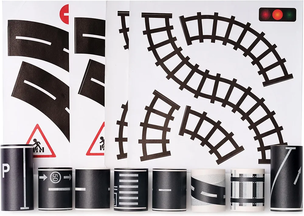 Road Tapes & Curves Stickers Set 8 Rolls Black Highway Tapes Traffic Decorative Masking Tape for Toy Cars, Vehicles Kits, Kids Party Gift