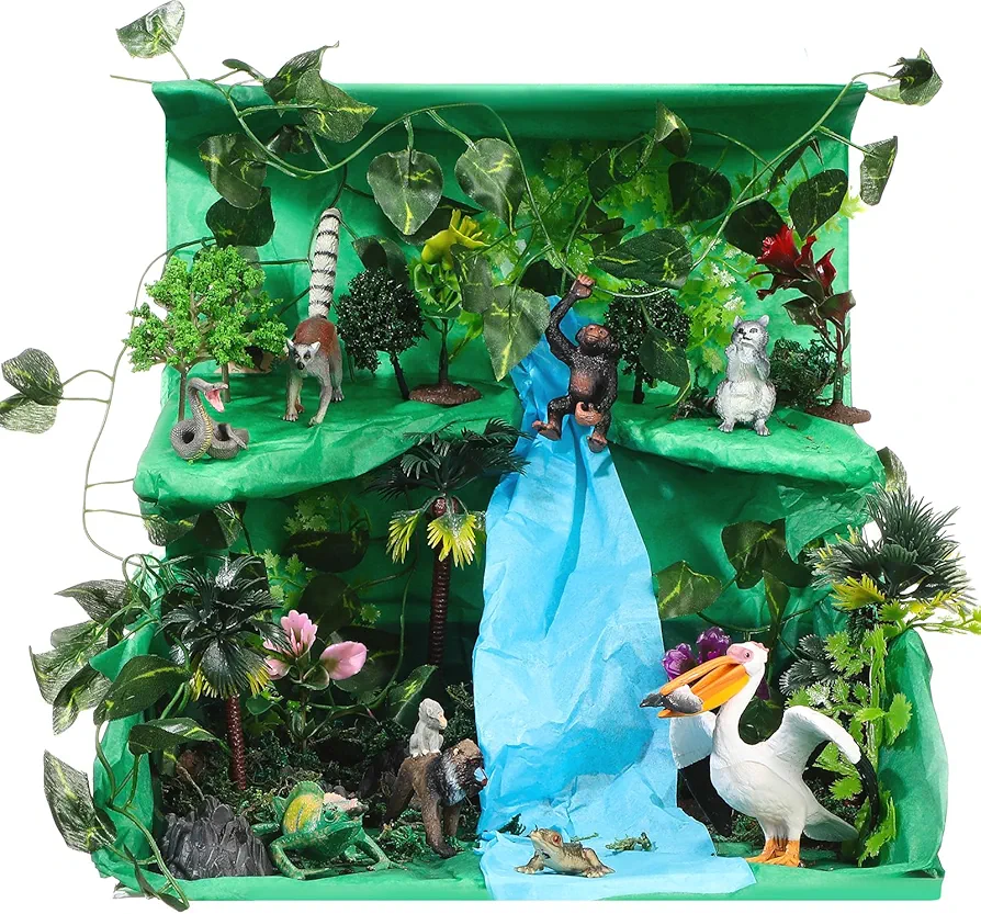 36 Pcs Animal Diorama Project Set, Include Animals Figures Model Trees Artificial Tree Stump Fake Rocks Sand Stone Moss with Gift Box for Gifts School Project Birthday Party (Rainforest)