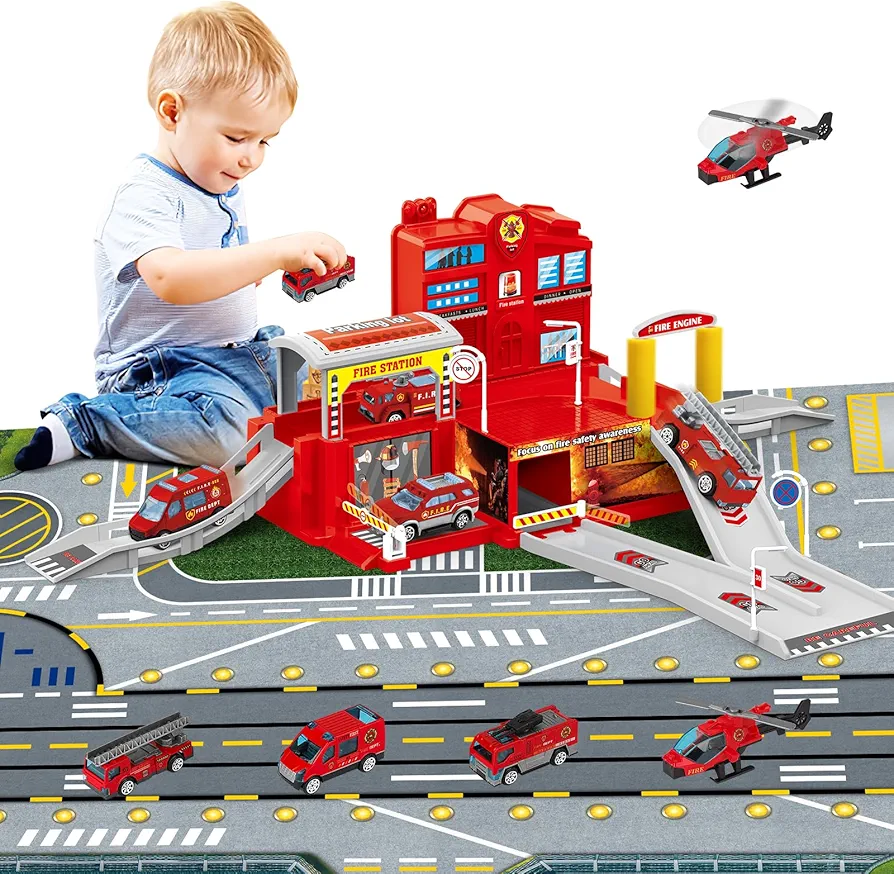 deAO Fire Station Playset Toys for Kids, Educational Firehouse Parking Toy with Ramps Track Garage Vehicles Helicopters Traffic Signs, Pretend Play Garage Tower Playset Gift for Toddlers Boys Girls