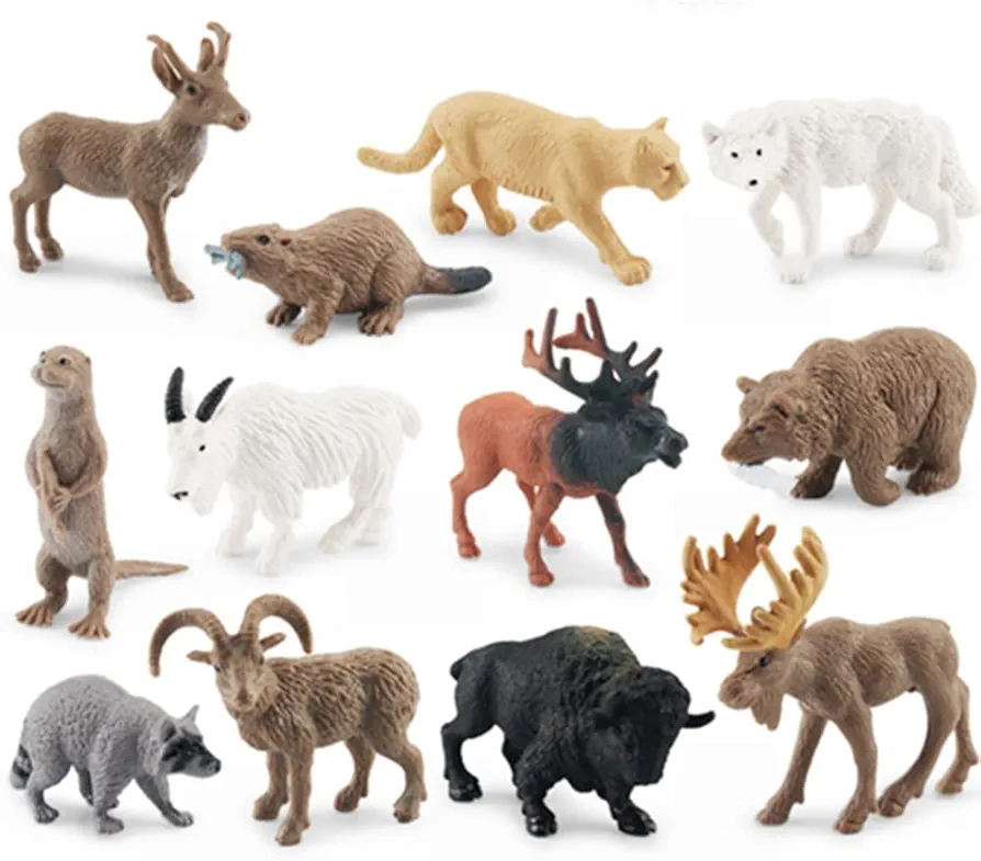 Mini Arctic Animals Toys Set 12PCS Polar Animal Figurines Toy PlaysetIncludes Moose, North American wild goat, elk, otter, beaver, pronghorn for ToddlersBirthdayGift