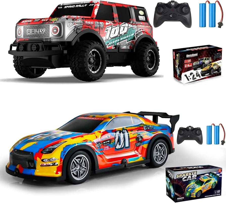 2PCS Remote Control Car, Light Up RC Car Toys, 2.4GHz 1:24 Scale 15KM/H Off-Road with Cool LED Lights Racing Rechargeable Toy Car for Christmas Birthday Kids Boys Girls for 4-7 8-12 Year Old