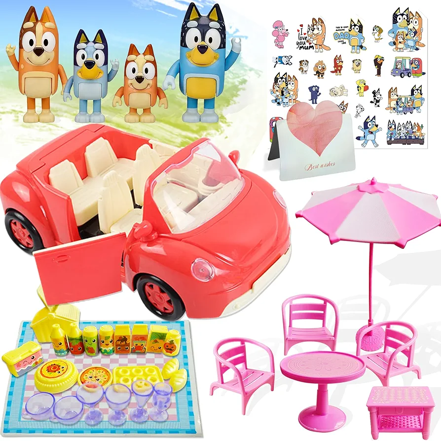 The Heeler PuppyToddler Toys for Kids, Red Vehicle Car Toys with 4 Heeler Family Figures, 22 Picnic Set, Outdoor Sunshade, 4 Table and Chairs,Sticker Set, Gifts Toys for 3 4 5 6 Year Olds