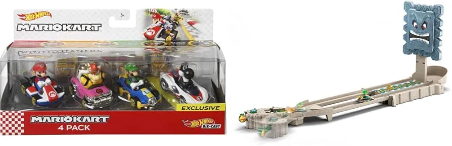 Hot Wheels MARIOKART THWOMP RUINS Track set Mario Kart Characters and Karts as Die-Cast Toy Cars 4-Pack [Amazon Exclusive]