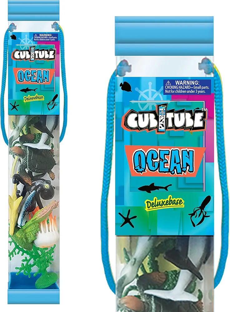 Cubitube - Ocean from Deluxebase. 11 Piece Small Sea Life Figurines and Play Accessories Collection. Reusable plastic storage tube of ocean animal toys mini replicas.