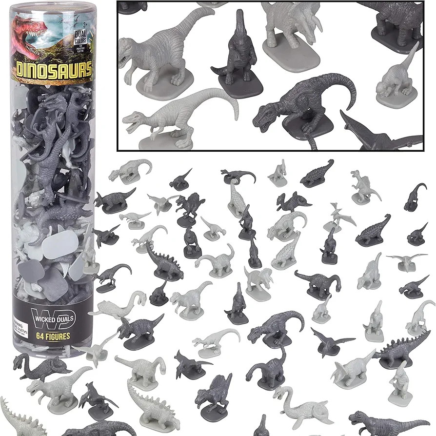 SCS Direct Dinosaur Action Figure Playset - 64 pc Toy Collection with 12 Unique Sculpts - Mini Dino Figurines for Spring Sandbox Play, Party Favors, Dioramas, Decorations - Great Gift for Kids