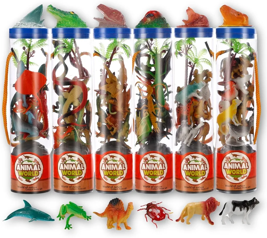 6 PACK Small Animal Figures Toys, 78 Pieces Realistic Mini Dinosaur Insect Sea Farm Reptile Wild Jungle Zoo Plastic Little Creatures Playset, Cake Topper Party Favors for Kids, Toddlers