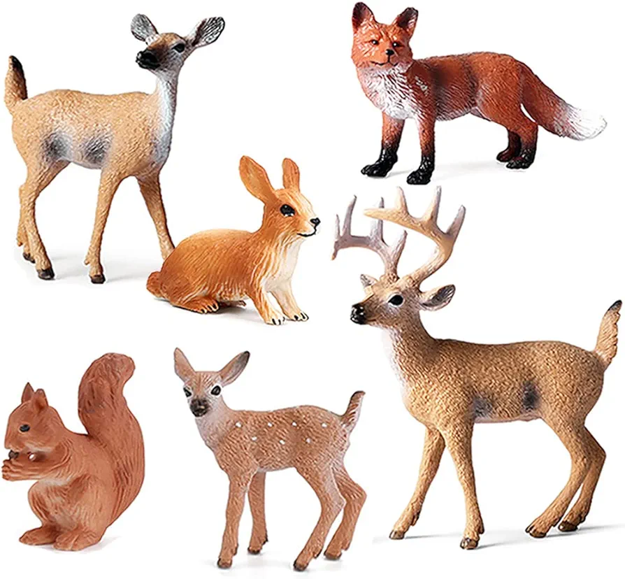 6 Pcs Simulated Forest Animal Models Figure Toy Playset, Woodland Creatures Figurines Miniature Toys Include Deer, Fox, Rabbit, Squirrel Treasures Science Educational Props