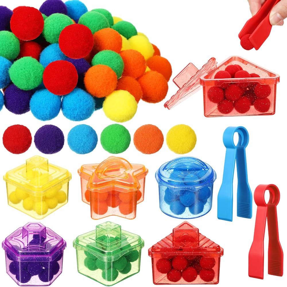 128 Pcs Fine Motor Skills Toys Sensory Bin Filler Include 120 Pom Pom Balls 6 Sorting Containers 2 Tweezers, Sorting Toys Fine Motor Games Preschool Learning Activities Early Education Counting