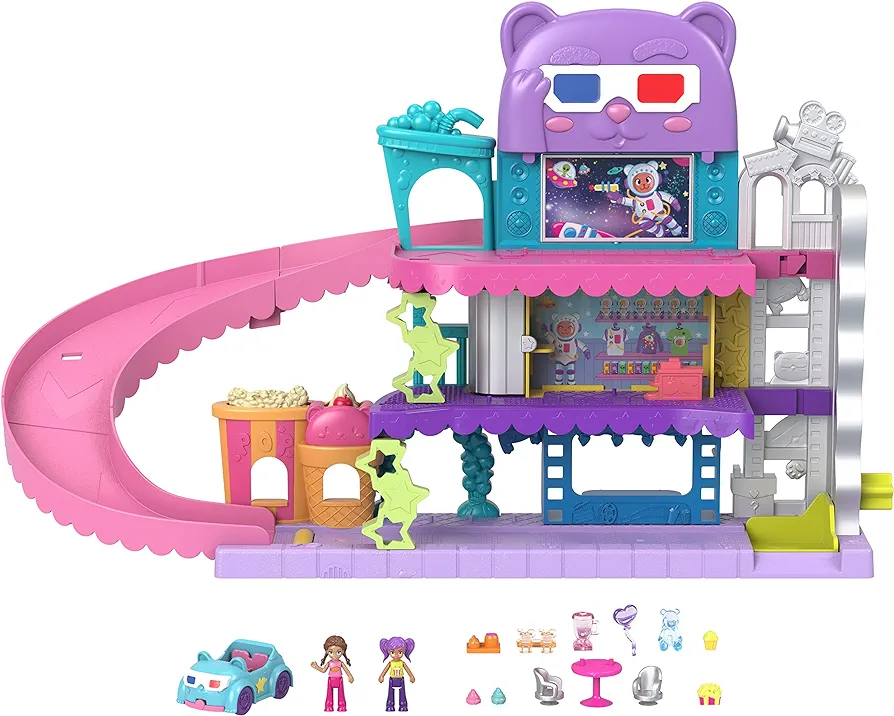 Polly Pocket Pollyville Dolls & Playset, Drive-in Movie Theater with 2 Micro Dolls, 1 Toy Car & 11 Accessories