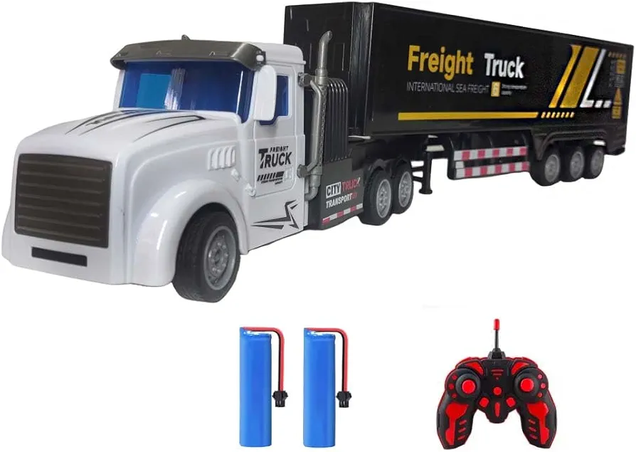 RC Semi Truck Toy for Kids - 1:32 Remote Control Carrier Van Transport Car, 17.3" Freight Container Truck with 2 Batteries, Semi Truck and Trailer with Lights, Great Gift for Boys Girls Age 3-8