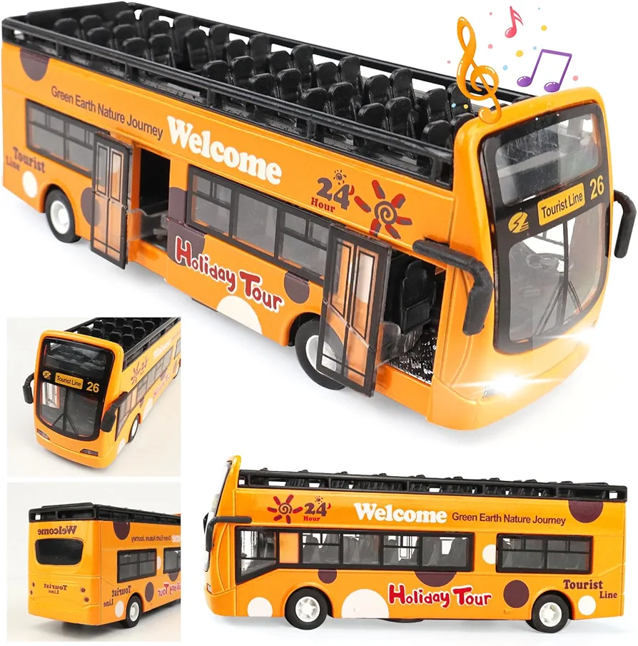 CORPER TOYS Yellow Bus Die Cast Metal Alloy Pull Back City Sightseeing Tour Bus Toys with Lights and Sounds for Kids Toddles Vehicles Model Car Gift for Birthday Christmas