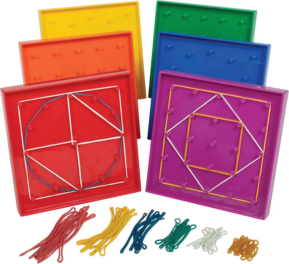 edxeducation Double-Sided Geoboard Set - Set of 6 with Rubber Bands - Ages 3+ - Math Manipulatives, Geometry, Fine Motor Skills, Creativity for Kids - 5 x 5 Grid/12 Pin Circular Array