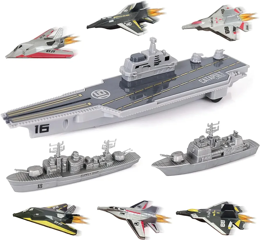 WASK Army Toys for Boys - Launching Military Aircraft Carrier Toys Set Military Naval Ship with Battleship, Supply Ship, Fighter Jets, Aircraft Carrier Model Kit Cool Toys for Boys Girls