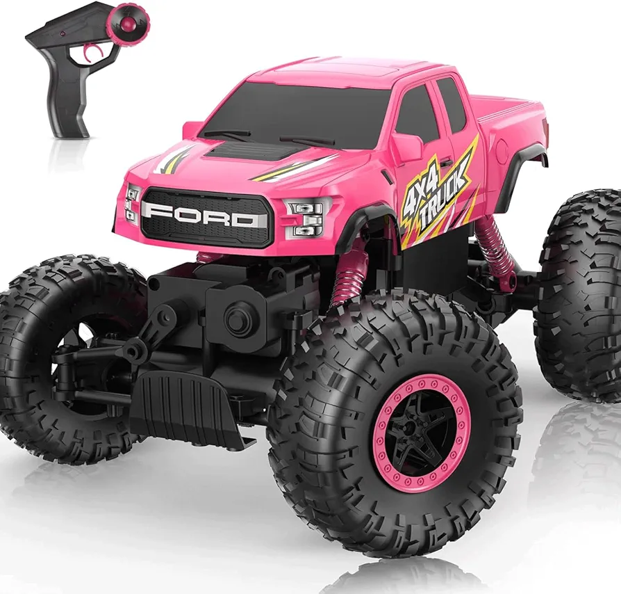 DOUBLE E Ford Raptor F150 RC Car 4WD 2 Motors Monster Trucks for Girls, 11 Inches Off Road Crawler Vehicle Truck Toy with Rechargeable Battery Gift for Kids 6 7 8 9 10 11 12 Years-Pink