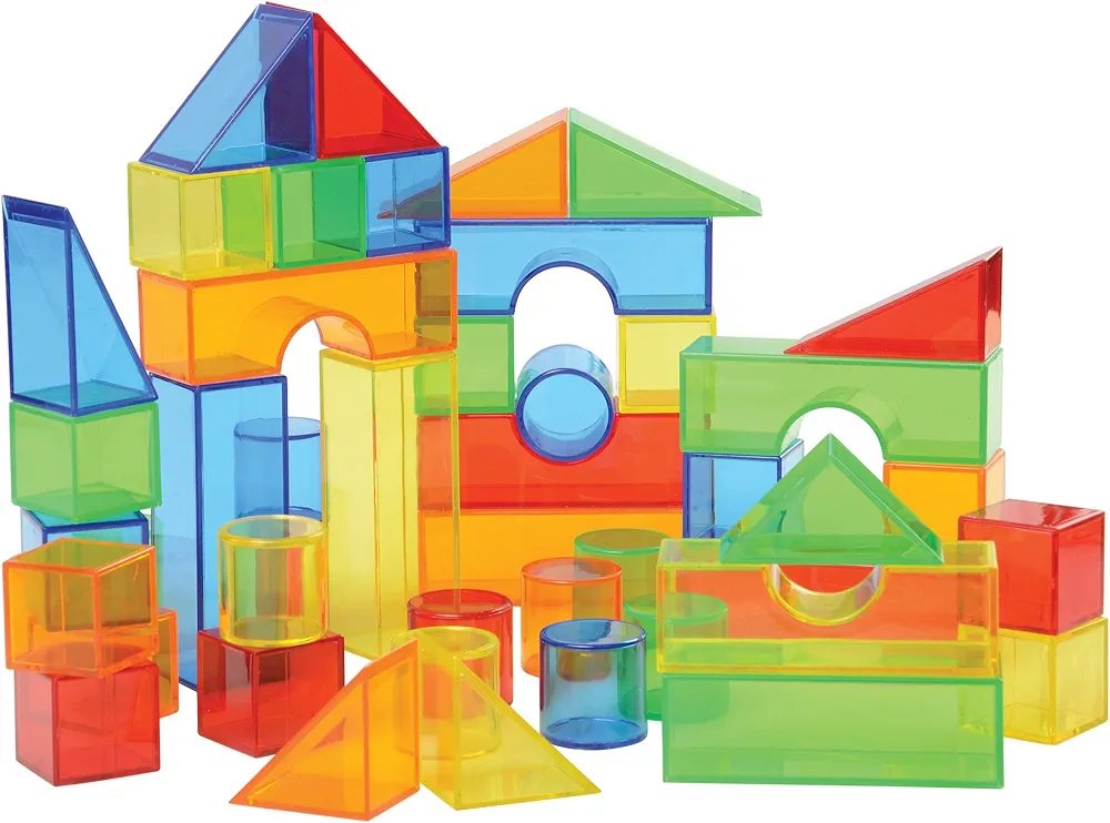 Constructive Playthings Translucent Color Building Blocks, Light Table Manipulatives, 3D Shapes for Teaching Color and Math, 50-Piece Playset, Toddler Toys for 12 Months & Up