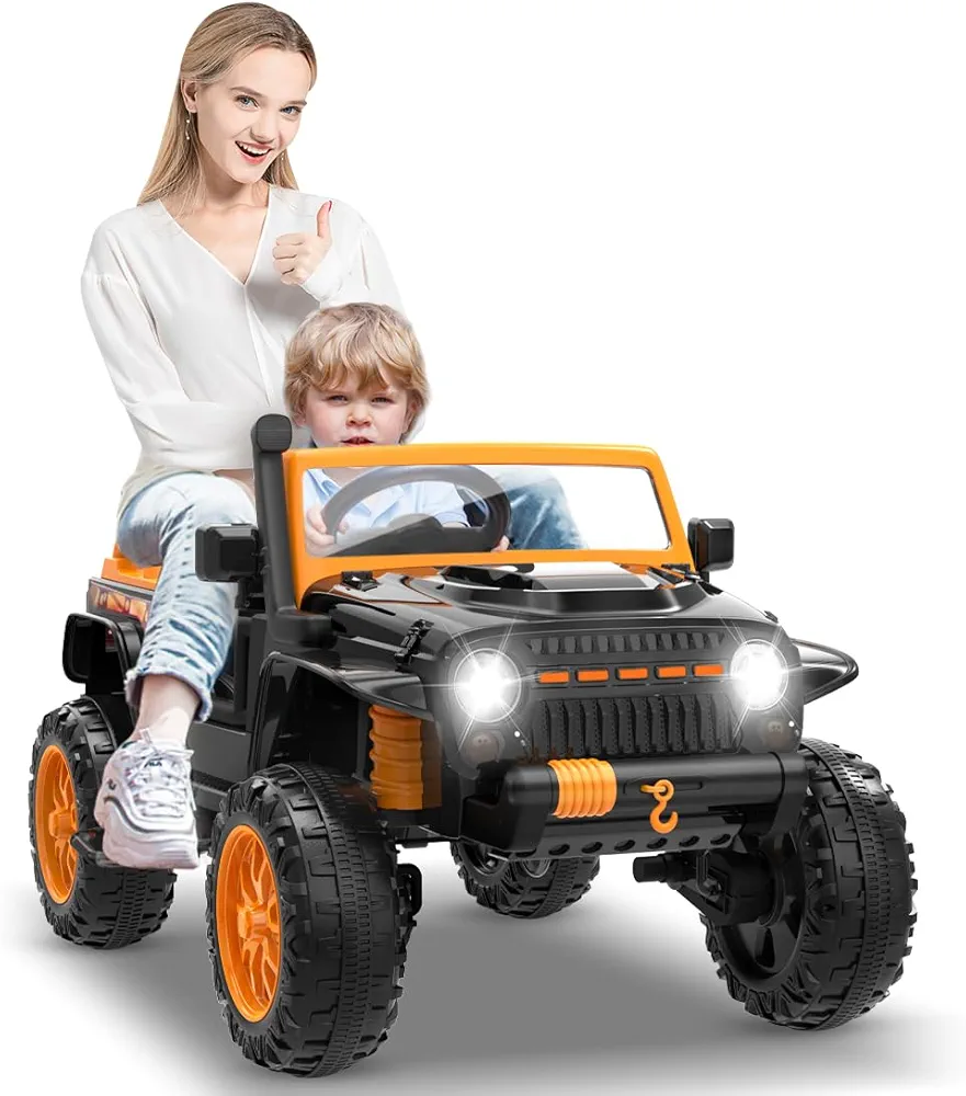 Kids Ride on Car for Kids IQGABC, Power Wheels with Remote Control for Parents and Kids, 4WD Ride on Truck with Wireless Music /MP3 /FM/Toy Box, 2 Seater Kids Jeep 220lbs Max Capacity (Orange)