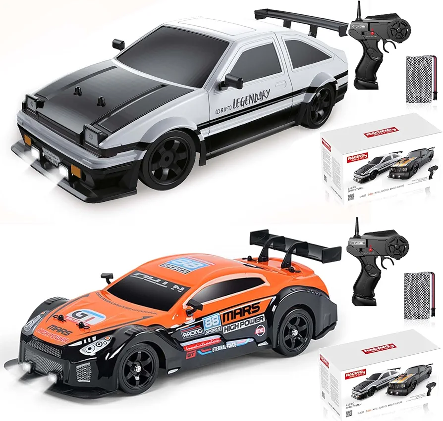 2PCS Remote Control Car RC Drift Car 1/16 Scale 4WD 18KM/H High Speed RC Car 2.4GHz with LED Lights Spray Racing Toy Car for Adults Boys Girls Kids Birthday Rechargeable Batteries