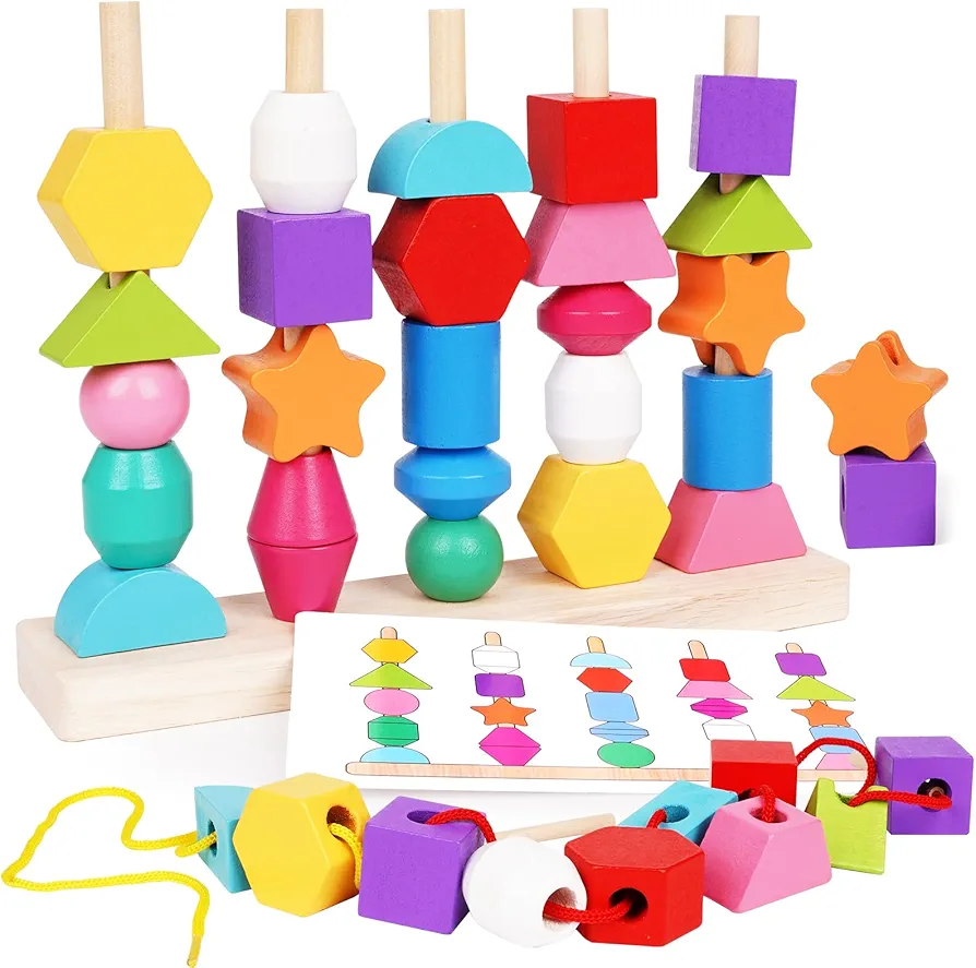 Agirlgle Wooden Matching Shapes Colors Sorter Stacking Toy & Lacing Beads,Montessori Toys Bead Sequencing Toy Set STEM Preschool Learning Sorting recognition Toys Stacking Blocks