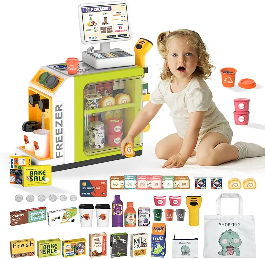 Cash Register Playset for Kids - 48PCS with Toy Coffee Machine,Pretend Play Money, Calculator, Scanner, Credit Card and Play Food for Boys and Girls (green)